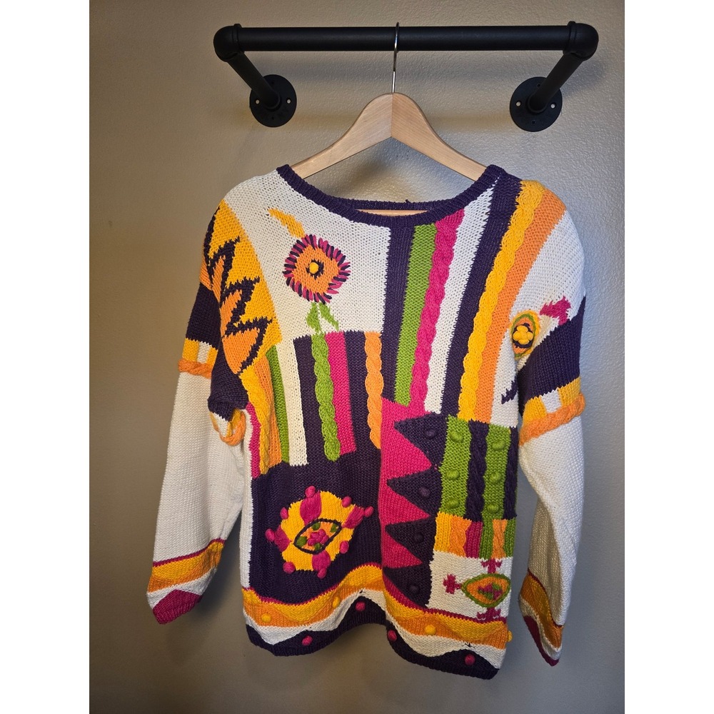 Vintage‎ 1980s mock neck knit sweater vibrant colors abstract/ floral design